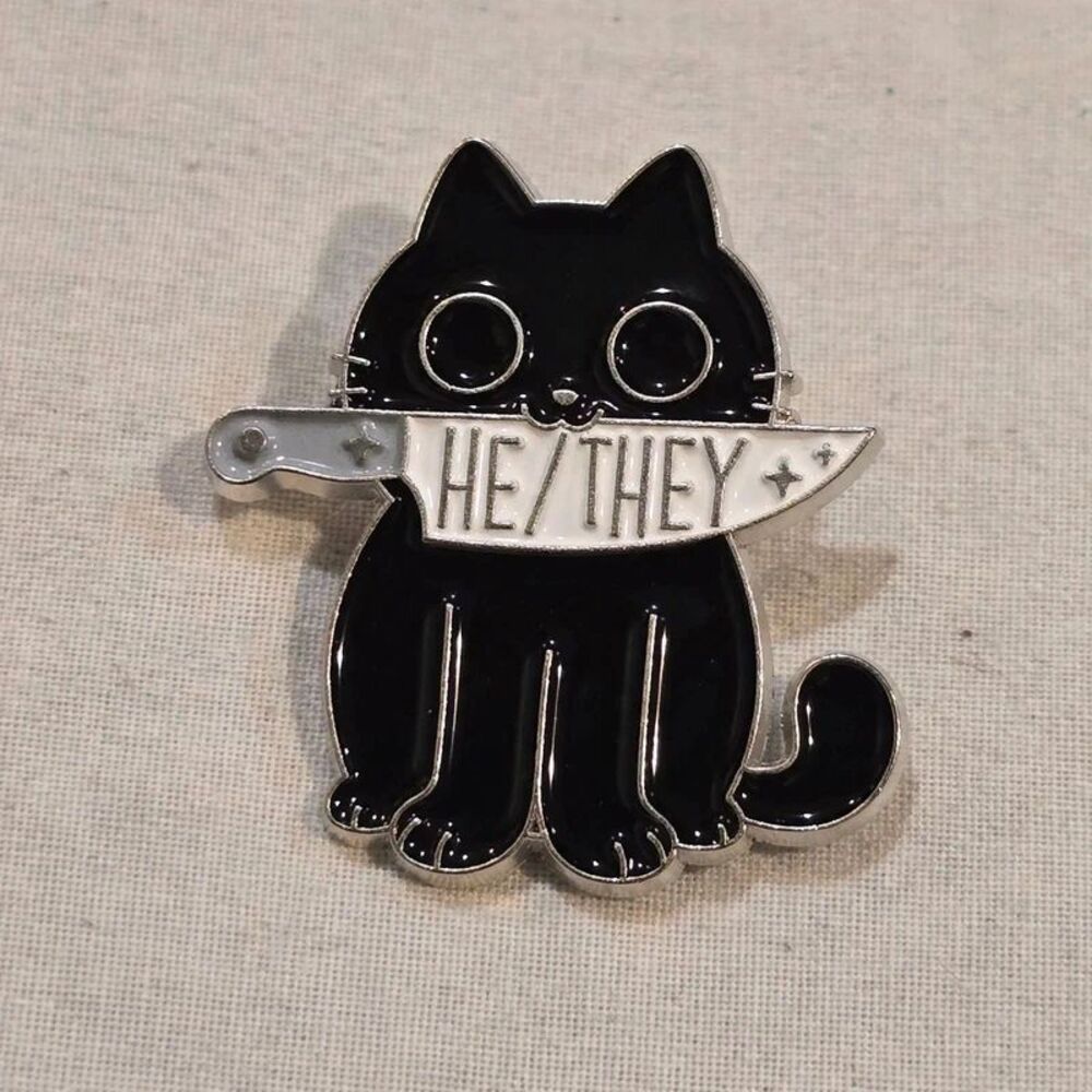 Black Cat He/They Pronoun Enamel Pin LGBTQ Pride Lapel Pin Kawaii Cat